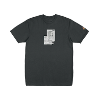 a black t - shirt with an image of a building on it